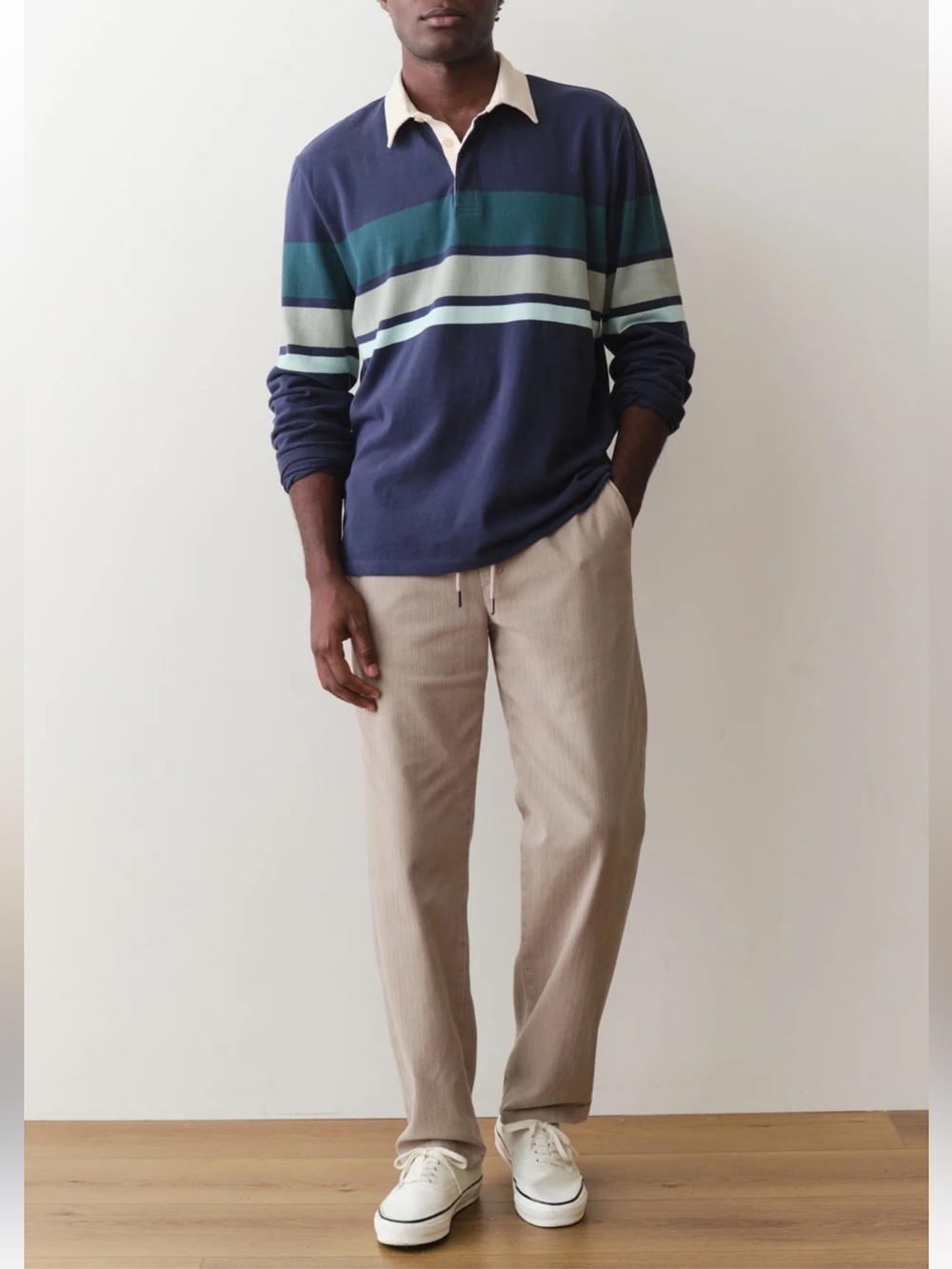 Marine Layer Rugby Polo Shirt Blue Striped Cotton Long Sleeve Casual Men’s Large - Picture 2 of 14